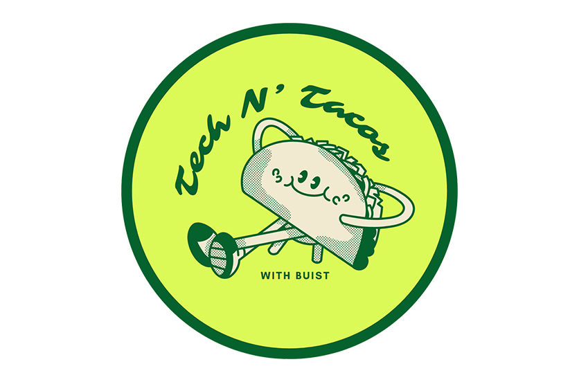 Bright green Tech N’ Tacos Buist logo featuring happy taco character promoting tech and community event