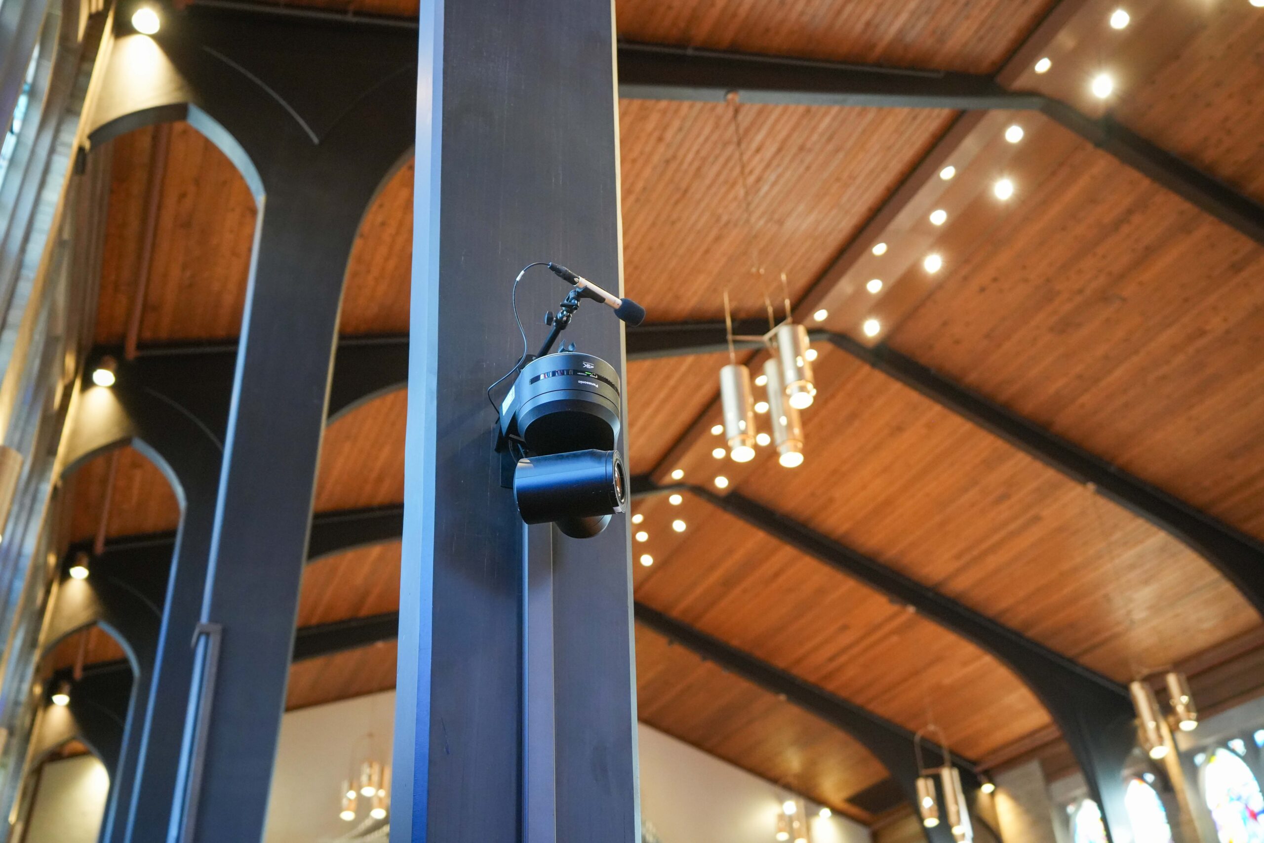 Mounted camera and upgraded LED lighting by Buist inside LaGrave Avenue Christian Reformed Church sanctuary in Grand Rapids, Michigan.