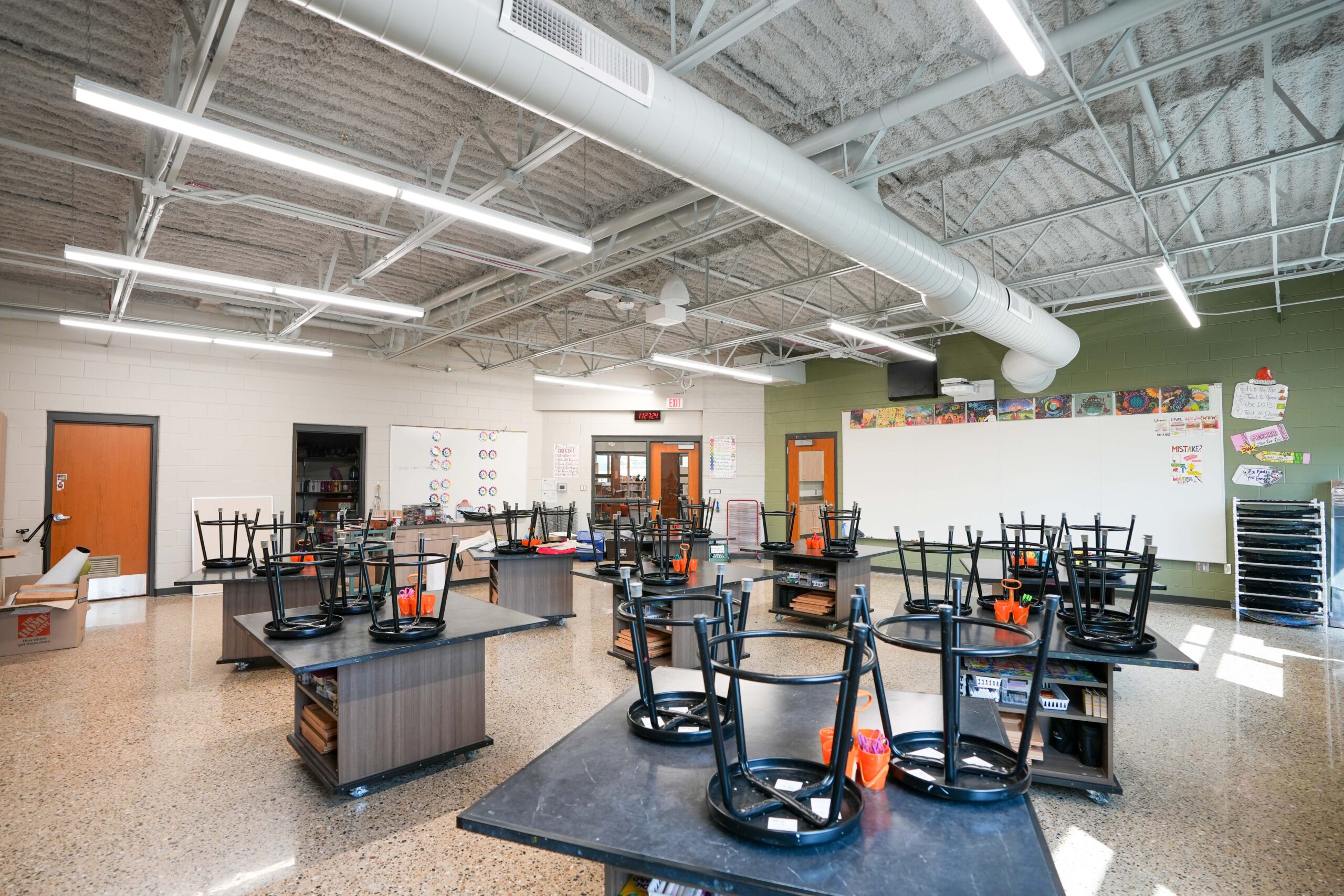 Art classroom at Moline Christian School with new lighting and power upgrades completed by Buist.