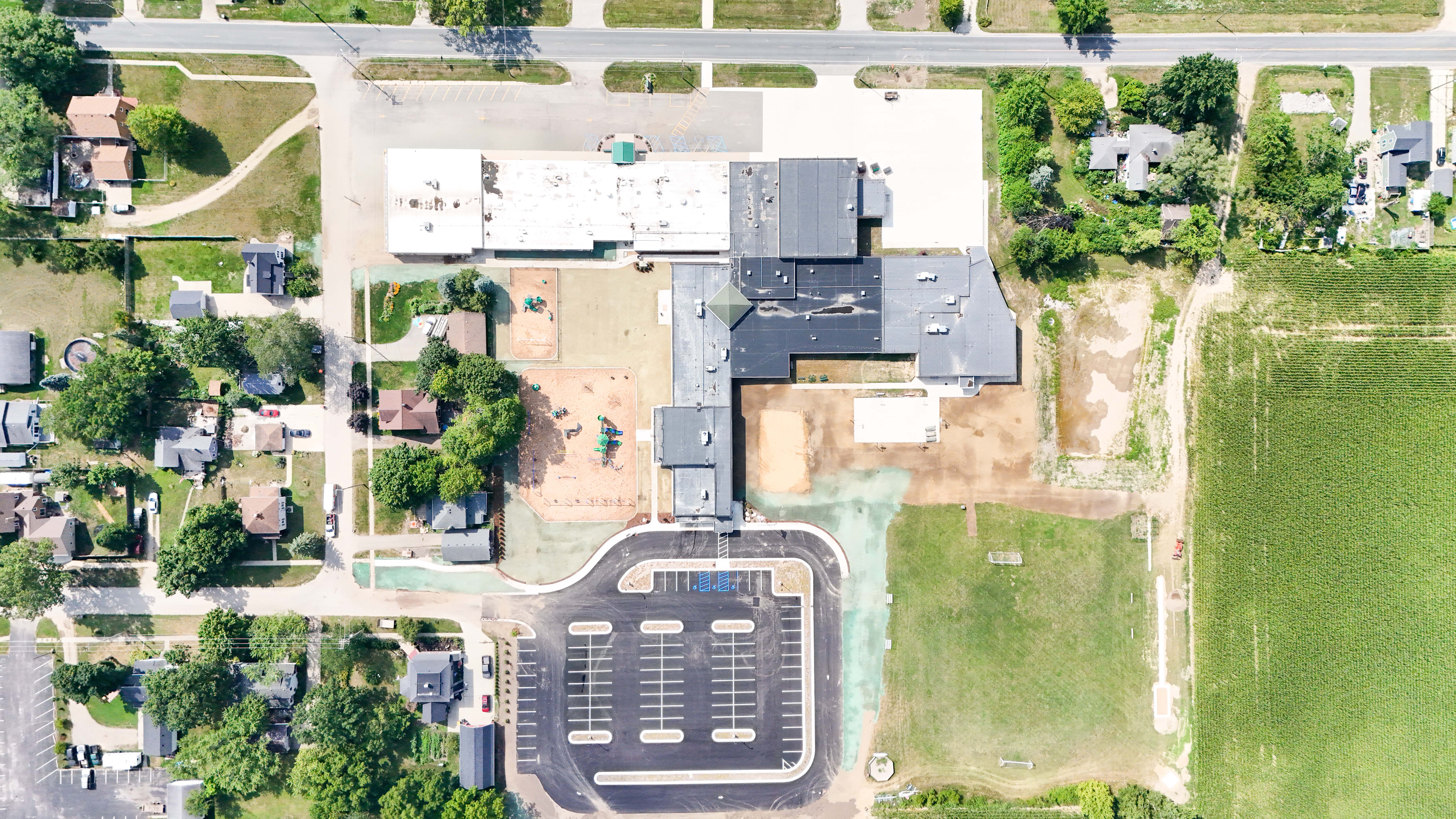 Aerial view of Moline Christian School campus expansion completed with Buist electrical and technology upgrades.