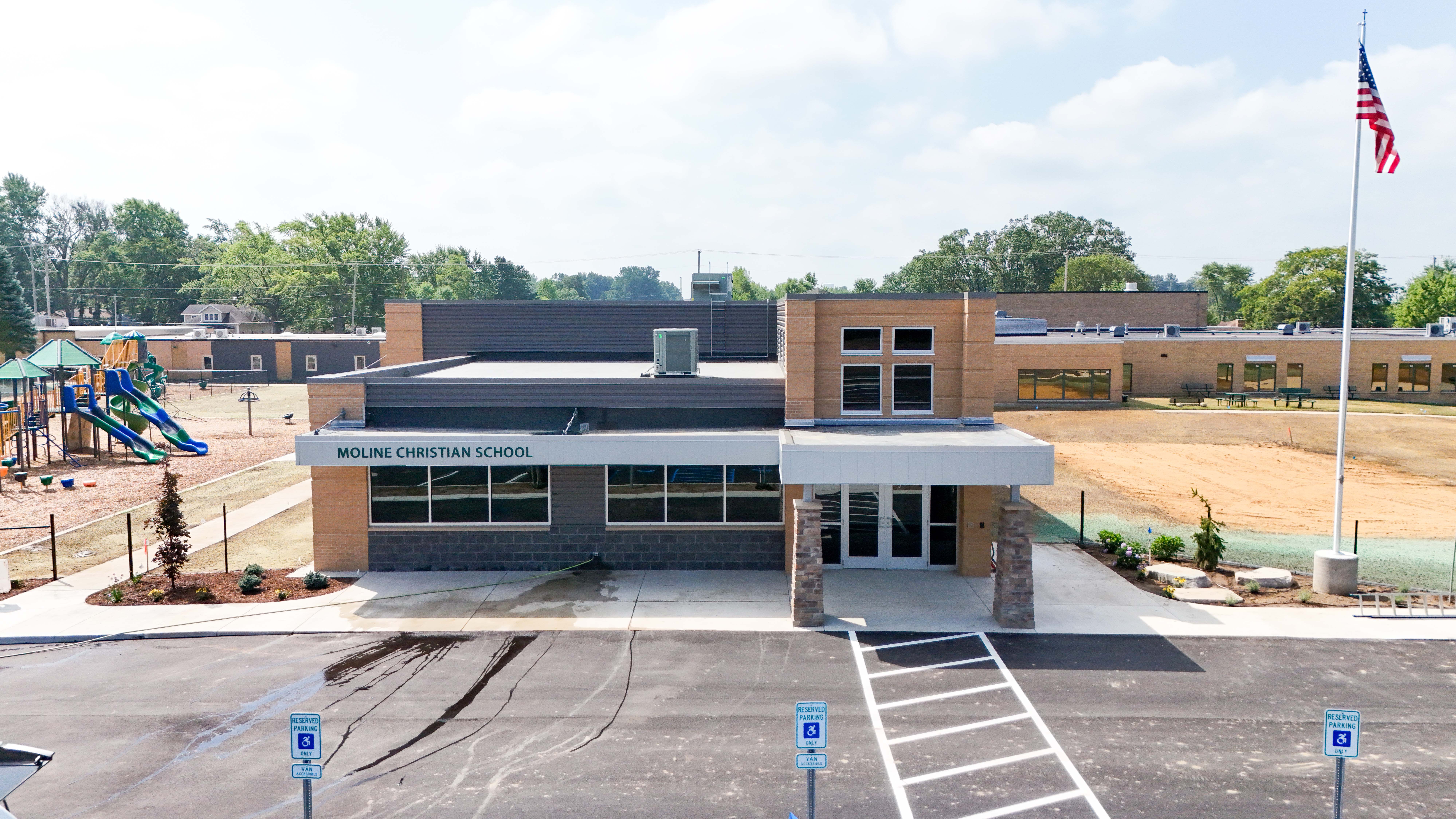 Aerial view of Moline Christian School playground and new exterior completed with Buist’s electrical and site upgrades.