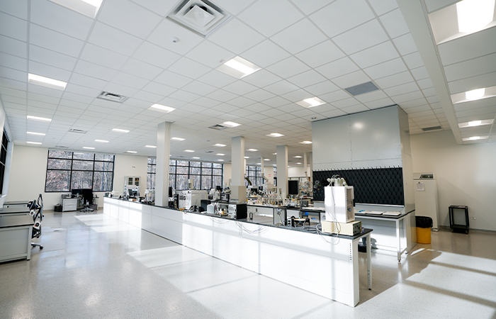 Laboratory workstation with integrated electrical power distribution installed by Buist.