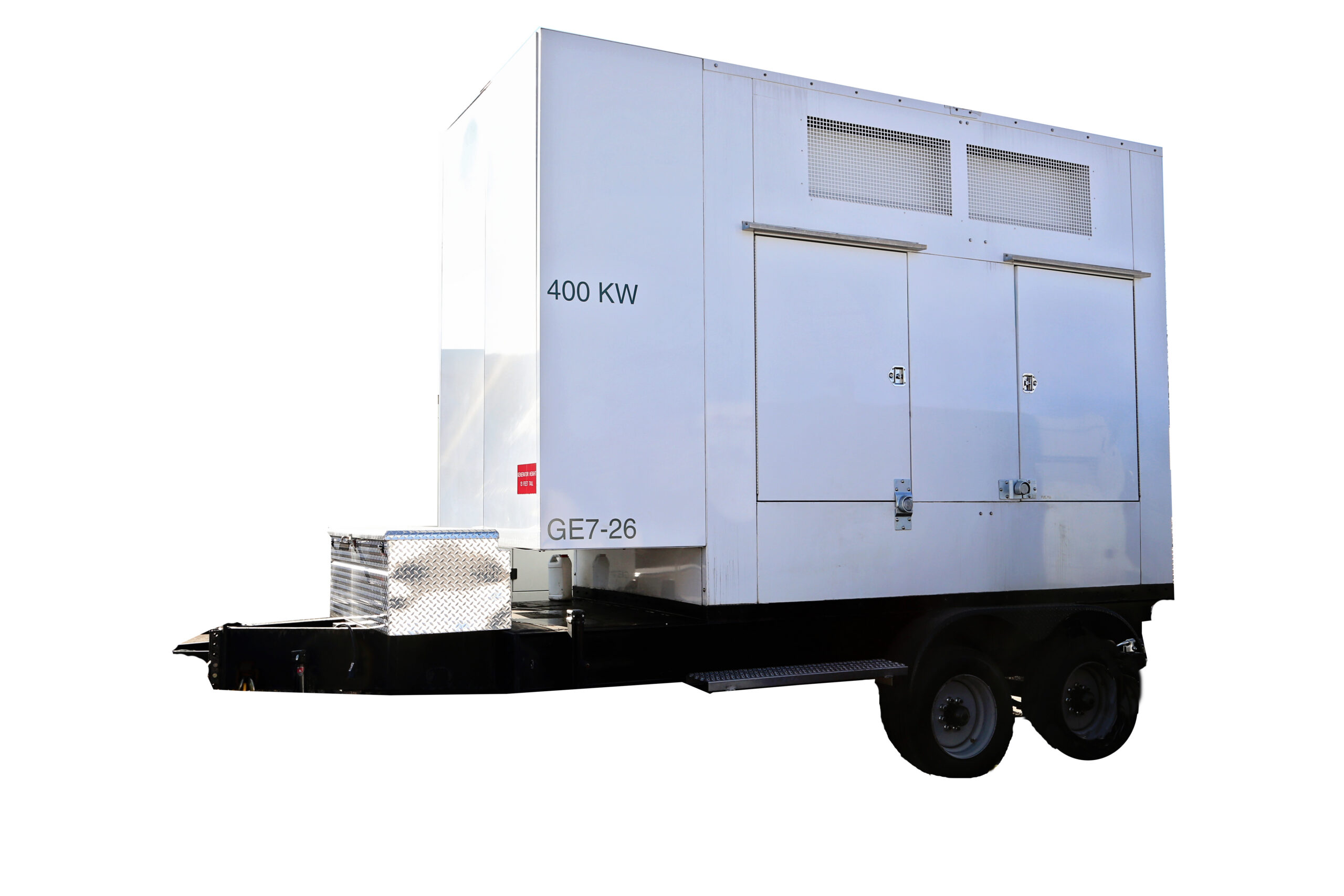 Portable 400KW towable generator mounted on a dual-axle trailer for temporary power and emergency backup electrical support.