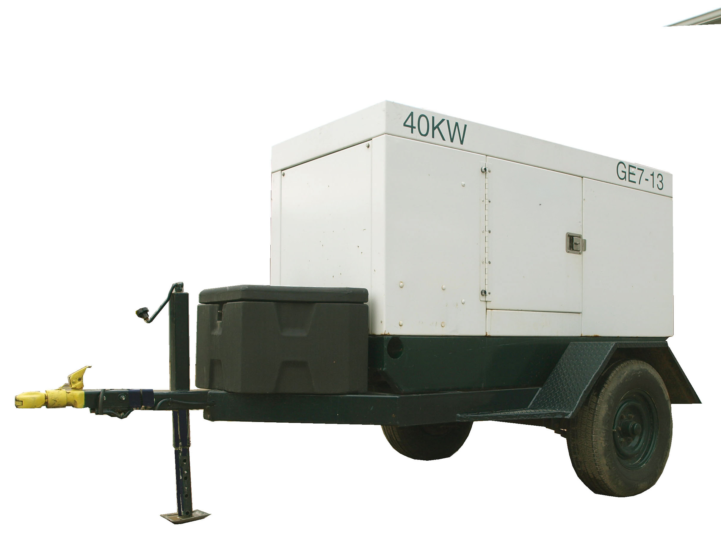 Portable 40KW towable generator mounted on a single-axle trailer for temporary power applications and jobsite electrical support.