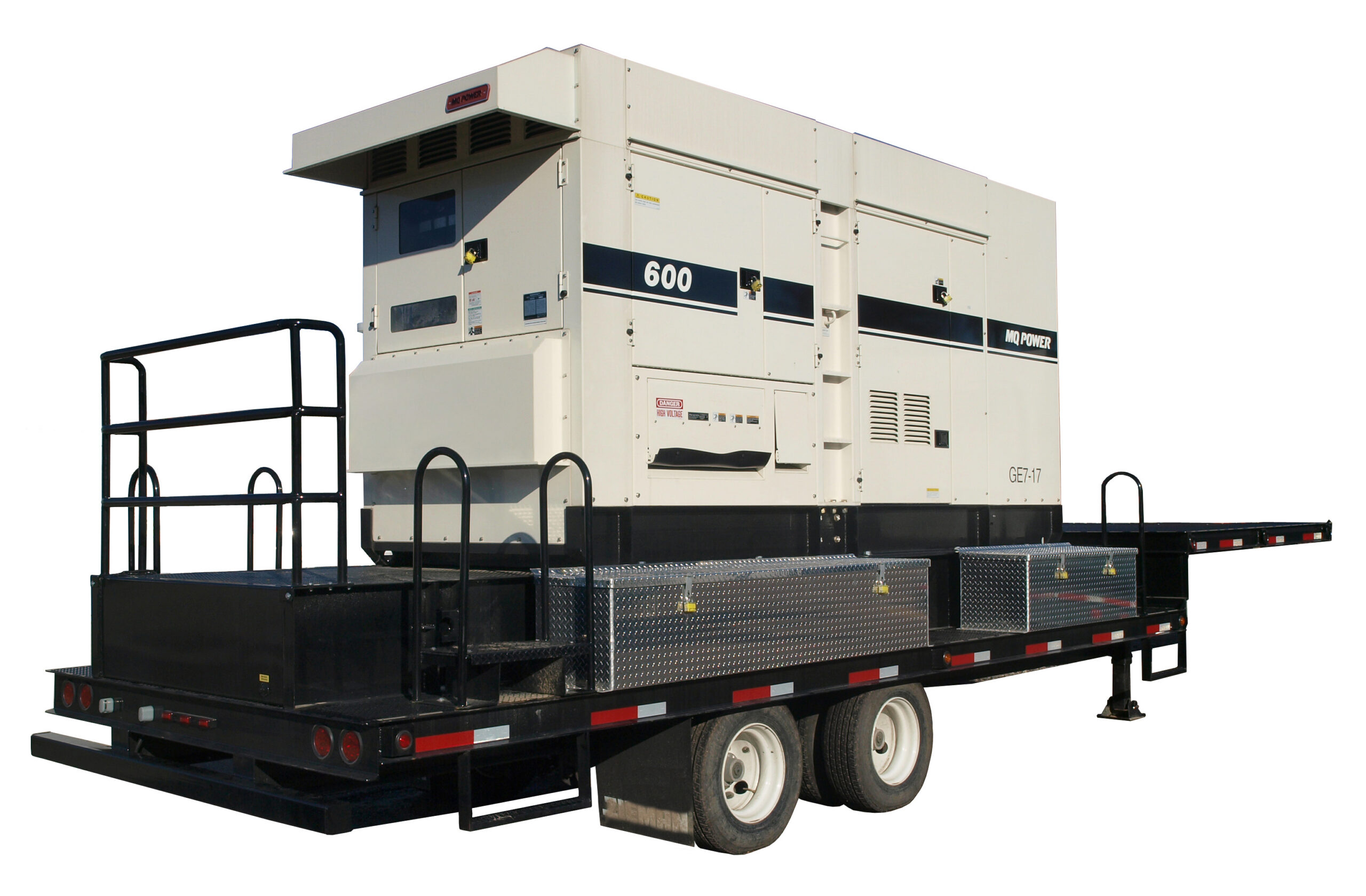 Portable 600KW MQ Power generator mounted on a heavy-duty trailer for large-scale temporary power and emergency backup electrical applications.