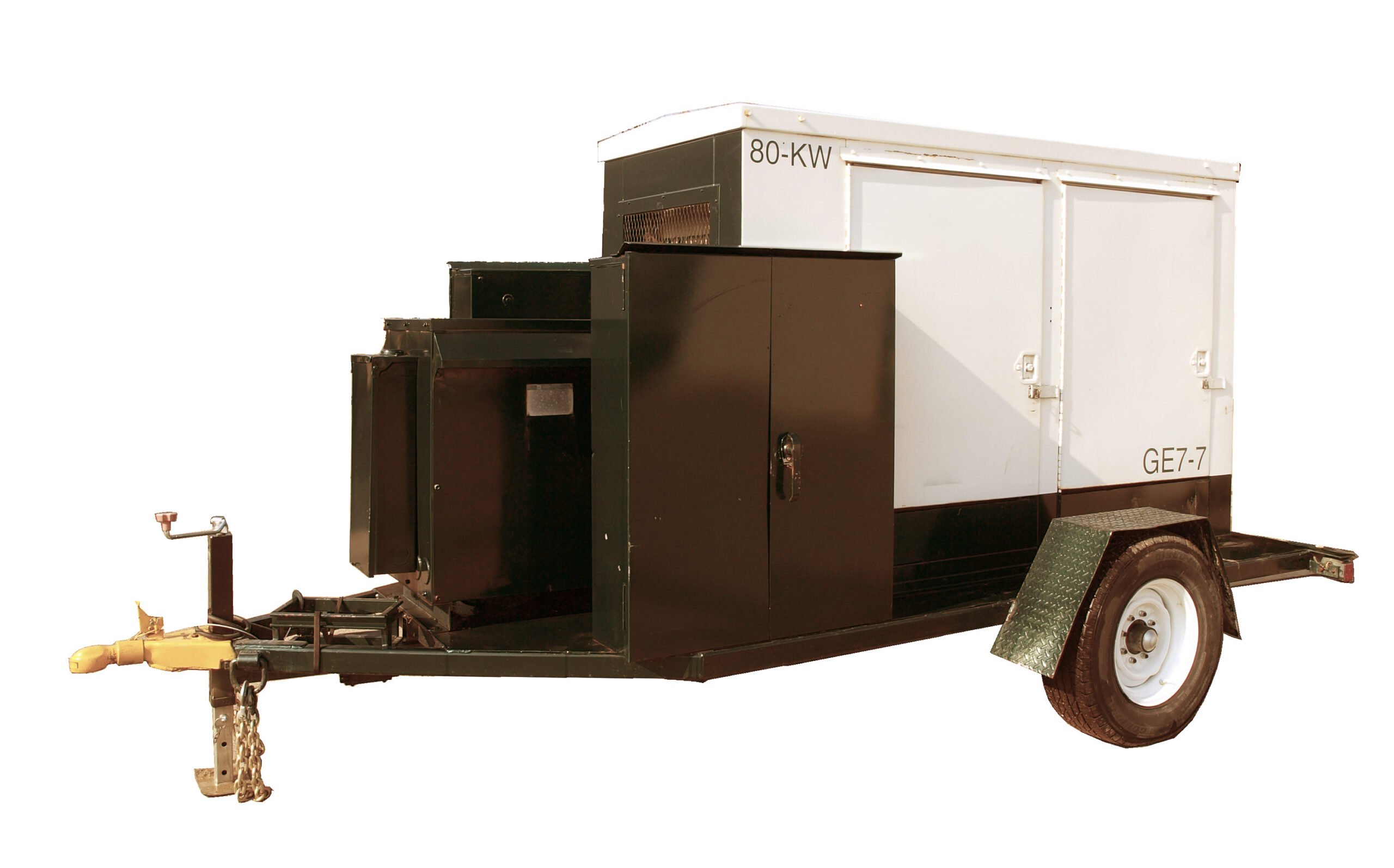 Portable 80KW towable generator mounted on a trailer for temporary power, backup power, and construction site electrical support.