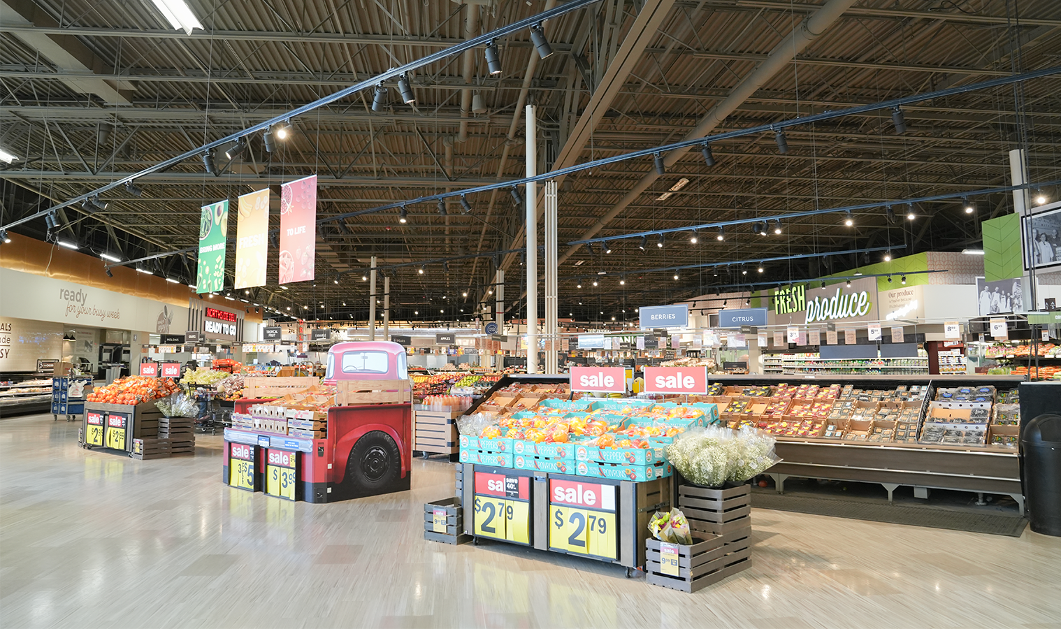 Fresh produce department at Meijer Knapp's Corner with upgraded lighting and retail displays.