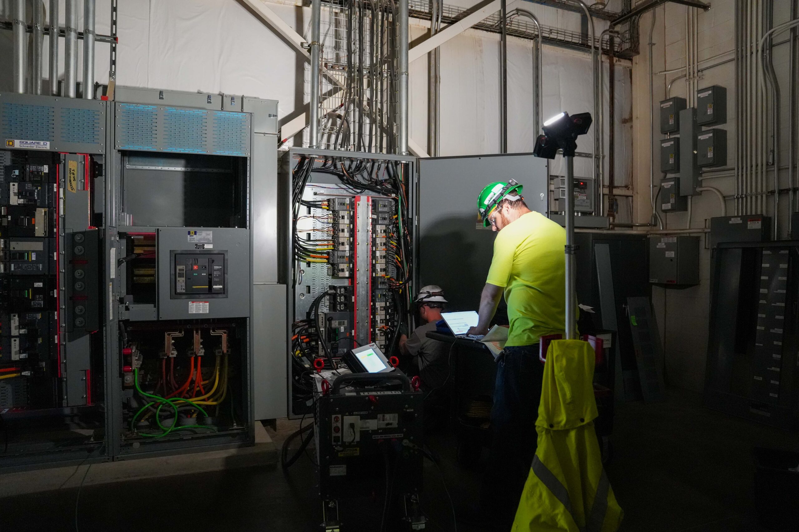 Buist electrical testing team performing a planned maintenance shutdown using diagnostic equipment and electrical testing instruments.