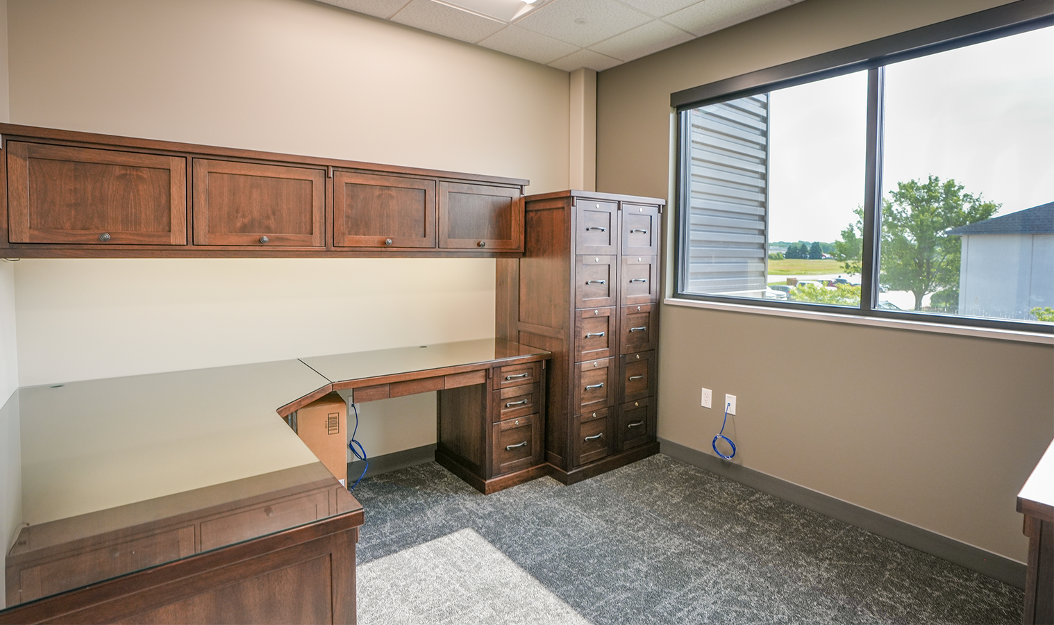 Private office space with custom cabinetry, modern lighting, and large exterior windows at Burgess Concrete Construction.