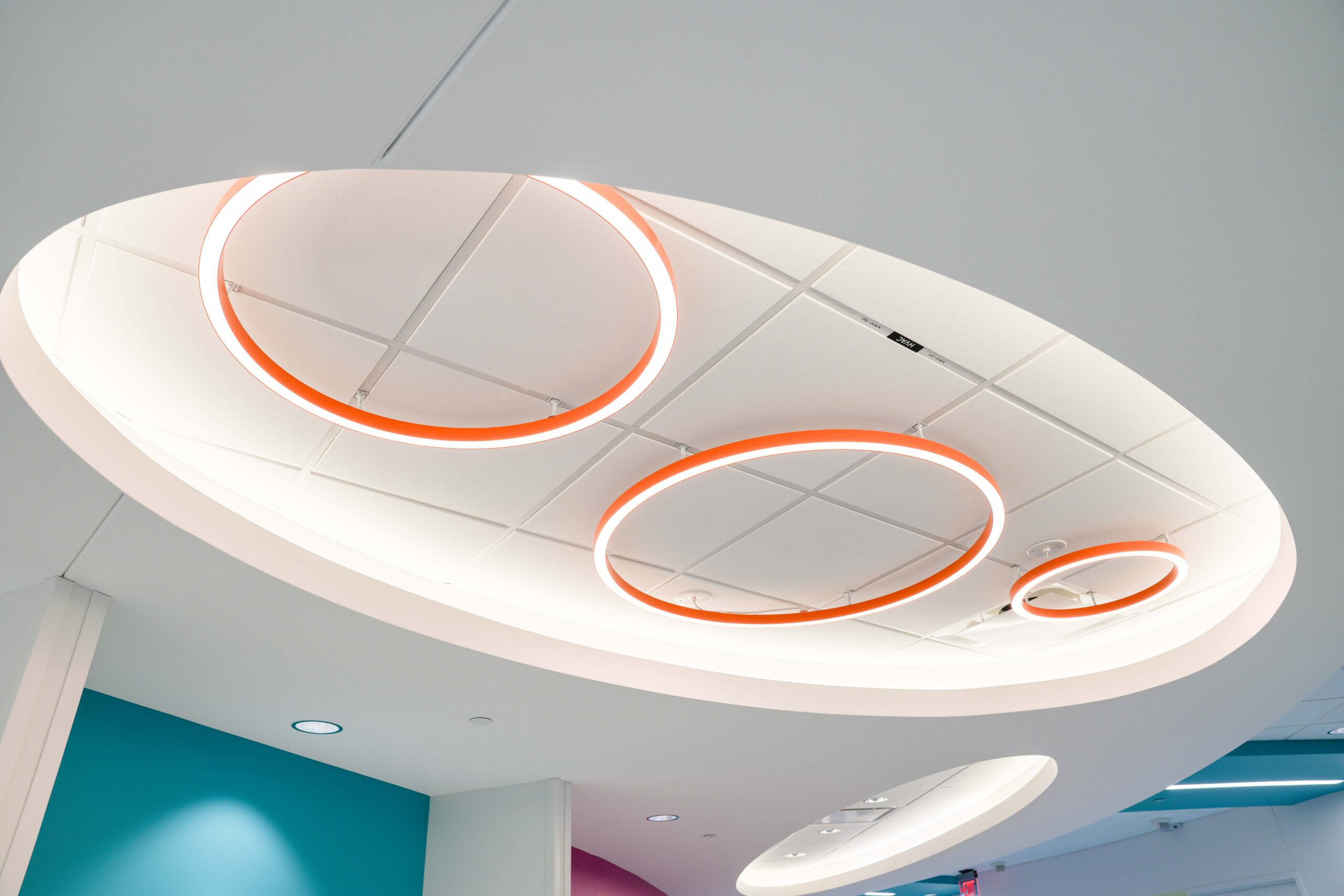 Circular light fixtures in the renovated 10th floor of Helen DeVos Children’s Hospital.