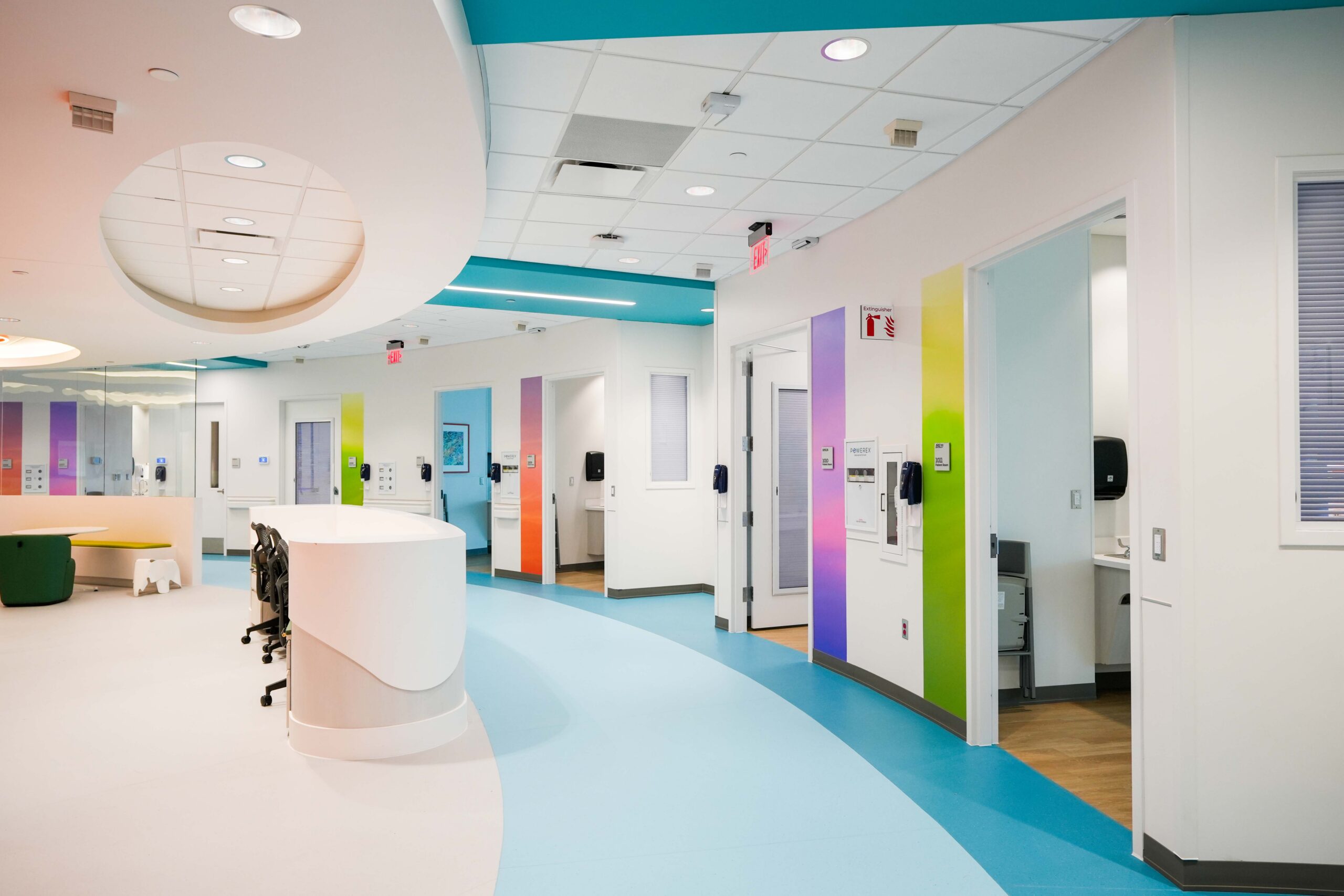 Nurses station and patient room corridor on the renovated 10th floor of Helen DeVos Children’s Hospital.