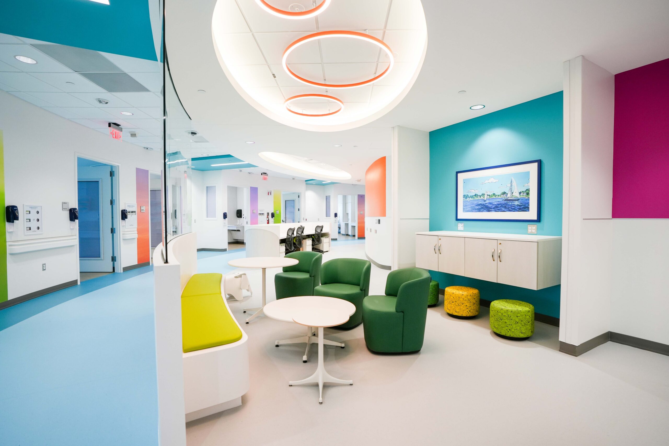 Patient and family lounge on the renovated 10th floor of Helen DeVos Children’s Hospital.