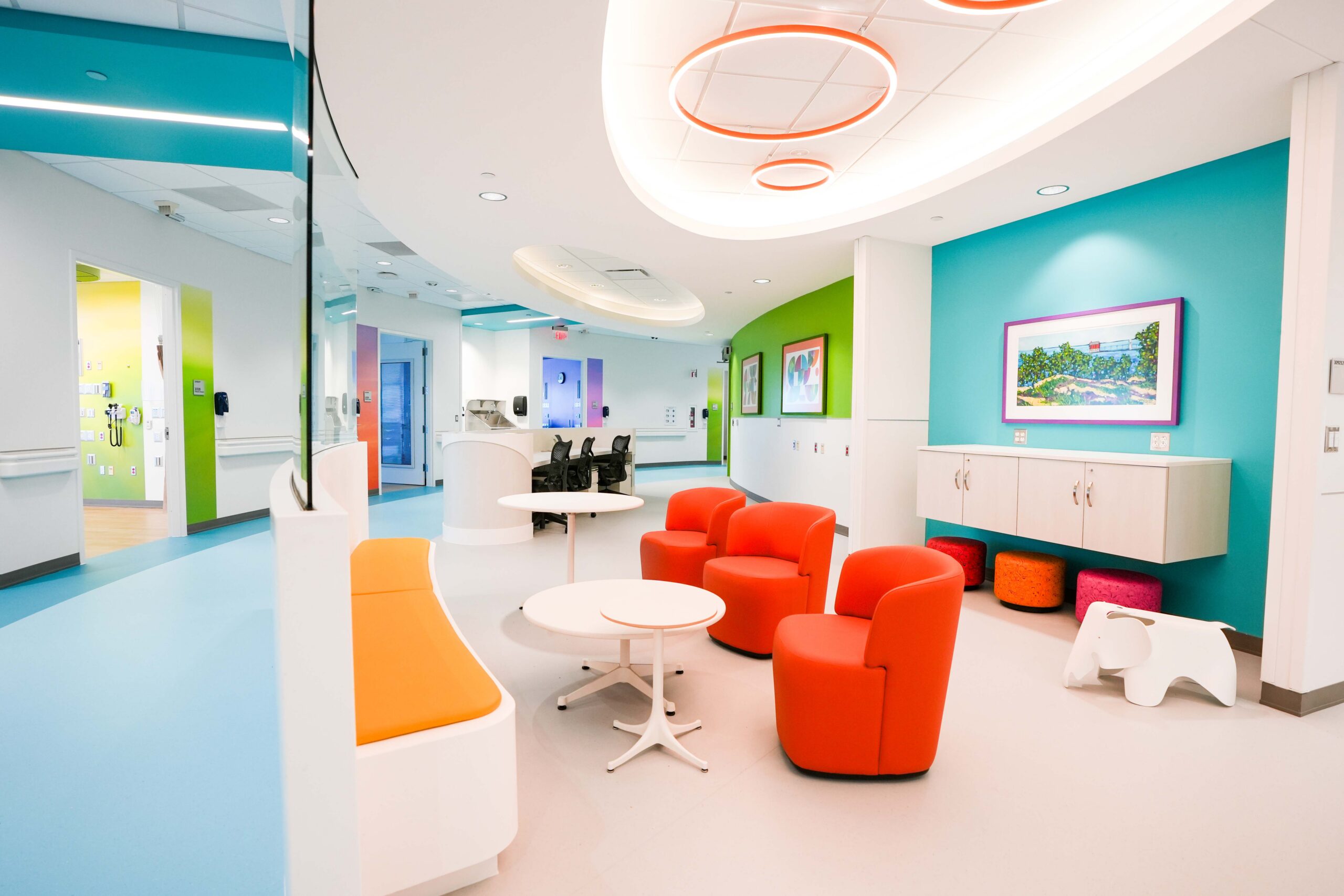 Colorful family seating area on the renovated 10th floor of Helen DeVos Children’s Hospital.